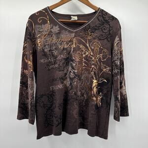 Jess Jane Shirt Top Womens XL Brown‎ Foil Metallic Art Floral Travel Basic